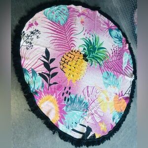 Tropical Print Round Area Rug Thin Carpet Fringe Pineapple Pink Yellow Black